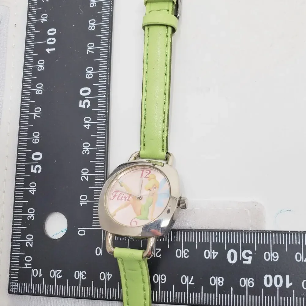 Disney Tinker Bell Silver Watch Green Band Women's Accessory